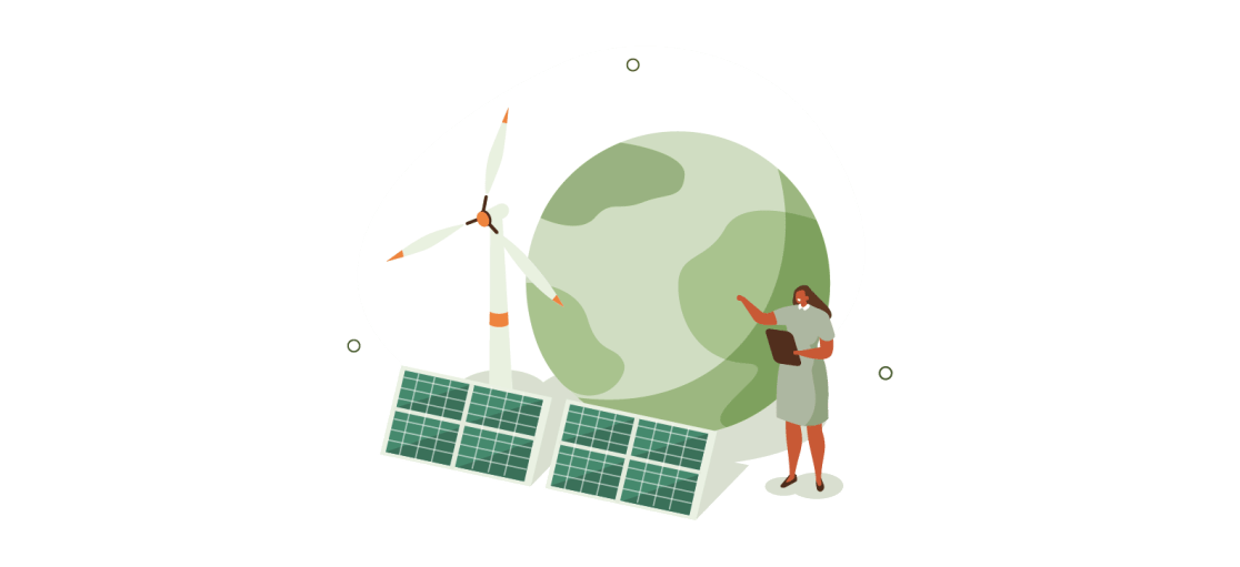ESG illustrative element, woman, planet, wind mill, solar panel
