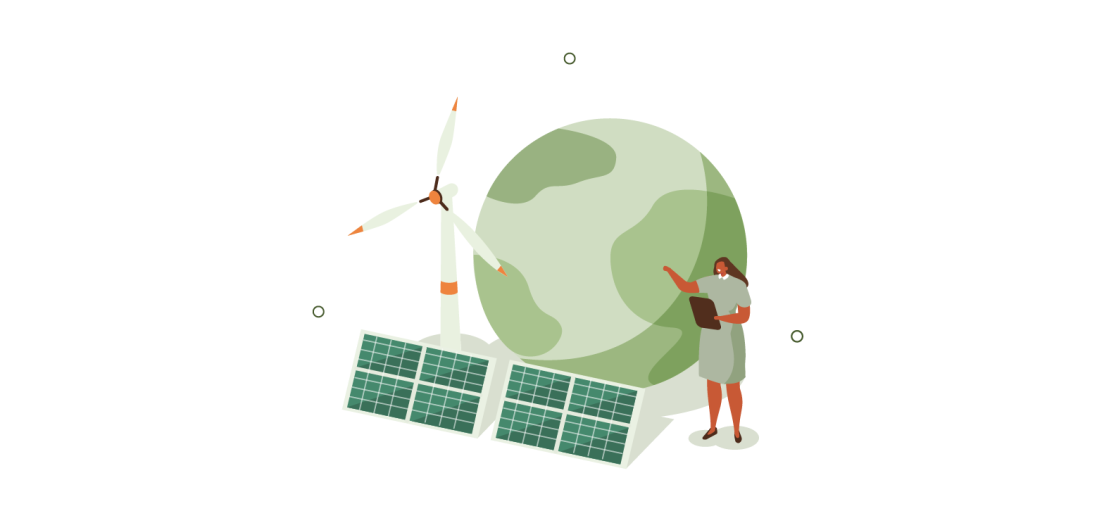 ESG illustrative element, woman, planet, wind mill, solar panel
