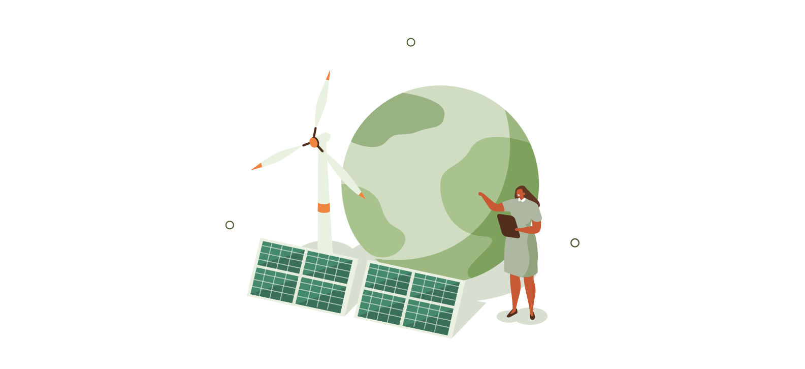 ESG illustrative element, woman, planet, wind mill, solar panel