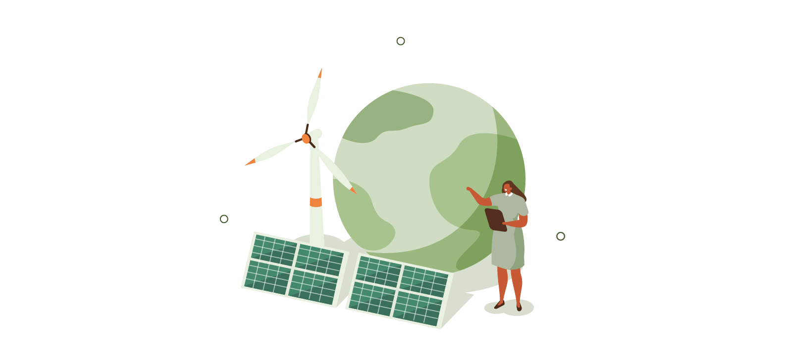 ESG illustrative element, woman, planet, wind mill, solar panel